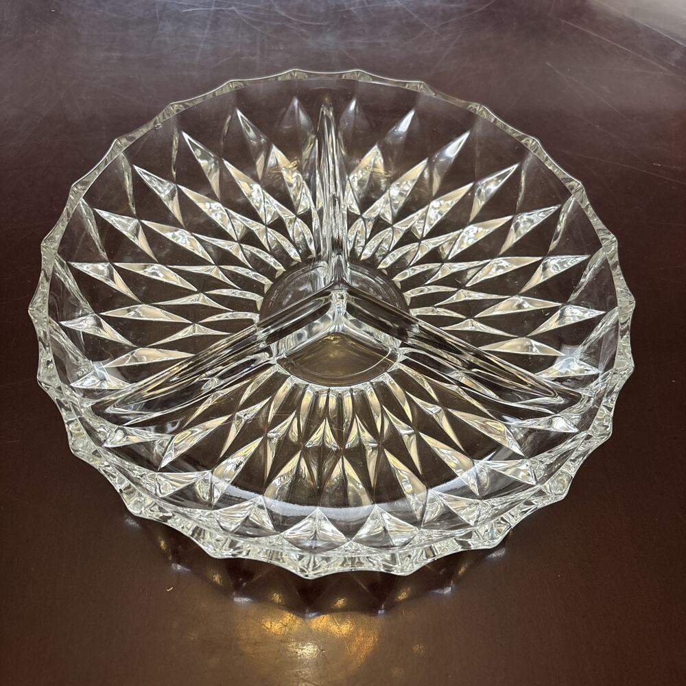 Vintage MCM Gorham‎ 3-Section Lead Crystal Elegant Round Relish Tray 8”